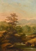 19th Century English School, mountain river at dusk, oil on canvas, 16