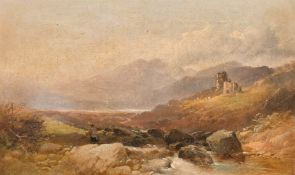 19th Century English School, figures by a mountain river with castle ruins beyond, oil on canvas,