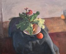 George Weissbort (1928-2013), a still life study of a geranium in a pot on a table top, oil on