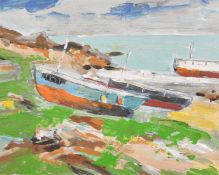 Circle of Donald Mcintyre, a view of boats on the shore, oil on board, inscribed verso, 8