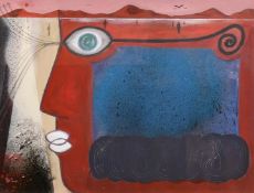 Jobo (b. 1950), s surreal composition featuring figures in a landscape, acrylic, signed, 11.5