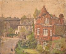 George Weissbort (1928-2013), an oil on board study of a figure in a twon street, 8.75