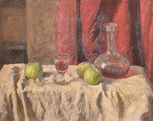 George Weissbort (1928-2013), a still life of a decanter and apples, oil on canvas laid down, 18