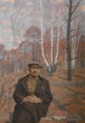 20th Century Soviet Subject, Lenin seated on a bench by a book in a woodland park, oil on canvas,