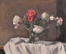 George Weissbort (1928-2013), a still life of red, white and pink roses on a white table cloth,