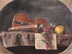George Weissbort (1928-2013), a still life study of a violin and bugle, oil on canvas laid down, 18