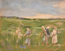 G A Anfilova, (20th Century) Russian School, figures working in a field at harvest time, oil on