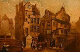 Early 19th Century, a pair of oil on panel town views with figures, both with indistinct