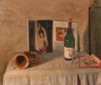 George Weissbort (1928-2013), a study of a wine bottle alongside an open book featuring female
