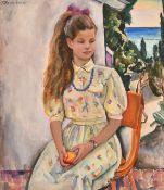 Boris Korzhevski (1927-2004), portrait of a young girl seated outdoors with the sea beyond, oil on