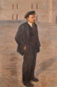 20th Century Soviet School, a portrait of Lenin standing in a city square, oil on canvas, 54