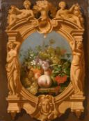 Flemish School, 18th Century, a still life study of fruit within a classical cartouche, oil on