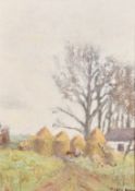 Early 20th Century Scottish School, haystacks by a farm building, oil on canvasboard, indistinctly