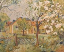 20th Century Scandinavian School, view of a homestead with trees in blossom, oil on canvas,