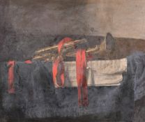 George Weissbort (1928-2013), a still life of a trumpet and sheet music, oil on board, 18