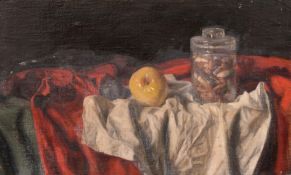 George Weissbort (1928-2013), a still life of fruit and a jar on a tabletop, oil on canvas laid