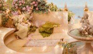 Manner of Godward, (20th Century), classical maidens on a marble terrace overlooking the coast,