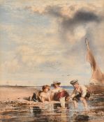 19th Century Scottish School, children playing with a toy yacht on a coastal inlet, watercolour, 6.