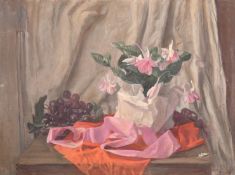 George Weissbort (1928-2013), a still life of flowers, grapes and ribbon, oil on canvas laid down,