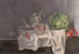 George Weissbort (1928-2013), a still life study of a lettuce and other objects on a tabletop, oil