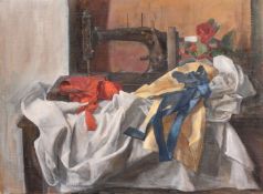George Weissbort (1928-2013), a still life study of a sewing machine and fabric, oil on canvas