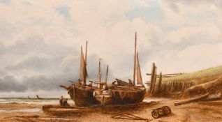 Attributed to Ralph Reuben Stubbs, fishermen maintaining their boats, oil on canvas, 13.5