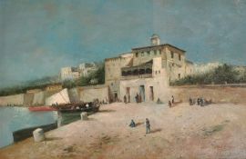 After Antonio Reyna de Manescau, figures by a quay at dusk, oil on canvas, signed S. Malic, 24