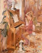 Late 20th Century Russian School, a young girl playing a piano, oil on canvas, indistinctly