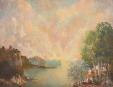 Continental School, Circa 1900, female figures looking upon a moored boat in a rocky inlet, oil on