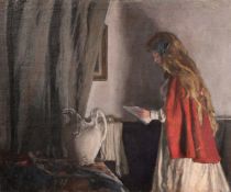 George Weissbort (1928-2013), a female figure by a table, oil on canvas laid down, signed, 18