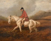 Byron Webb, 19th Century, a mounted huntsman crossing heathland, oil on panel, signed, 9.5
