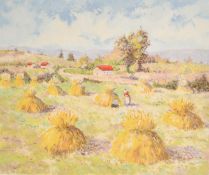 Lelia Pissarro (b. 1963), figures in a field amongst hay stooks, serigraph, signed in pencil and
