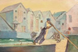 Circle of Frank Brangwyn, figure pushing off from a Dutch barge with warehouses beyond, oil on