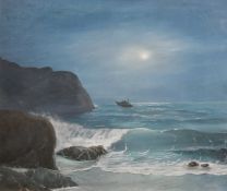 Adams, Circa 1972, a ship passing a headland under moonlight, oil on canvas, signed, 20