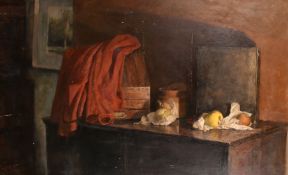 George Weissbort (1928-2013), a still life of fruit and a red jacket on chest of drawers, oil on