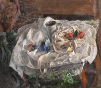 George Weissbort (1928-2013), a still life of fruit and a pewter tankard amongst linen, oil on