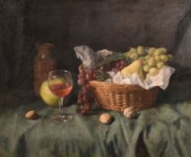 George Weissbort (1928-2013), a still life of fruit in a wicker basket, oil on canvas laid down, 18