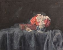 George Weissbort (1928-2013), a still life of red and white flowers in a blue and white vase, oil on