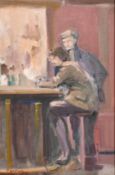 Tom Brown, 20th Century, Salford Artist, a couple conversing at a bar, oil on canvas laid down,