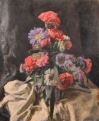 George Weissbort (1928-2013), a still life of flowers and foliage on a white tablecloth, oil on