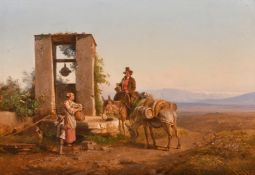 F. Rohde, Continental School, Circa 1859, wayfarers collecting water from a well at dusk, oil on