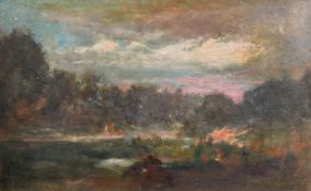 George Weissbort (1928-2013), a view of figures and a bonfire in a landscape at dusk, 15