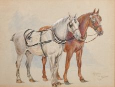 Circle of Lionel Edwards, two harnessed horses, watercolour, inscribed and dated 1903, 10