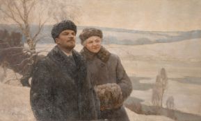 20th Century Soviet Subject, Lenin with a female companion in a sweeping winter landscape, oil on