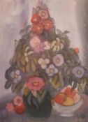 Yablonski 20th Century Russian School, a still life of flowers and fruit in a bowl, watercolour,