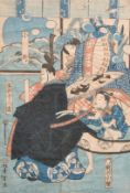 19TH Century Japanese School, possibly Seki Sanjuro, a nobleman with courtiers, woodcut, 14.5