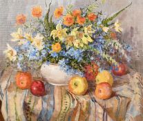 Irina Savitskaya, Circa 1997, a still life of flowers and fruit, oil on canvas, signed verso, 19.75