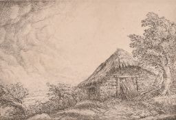 Alphonse Legros, a thatched building on a hillside, etching, signed in pencil, plate size 4.75