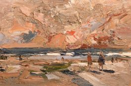 Roy Petley (b. 1950), figures on a beach at sunset, oil on board, signed, 12