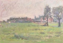 George Weissbort (1928-2013), a landscape view over fields, oil on board, 19.75